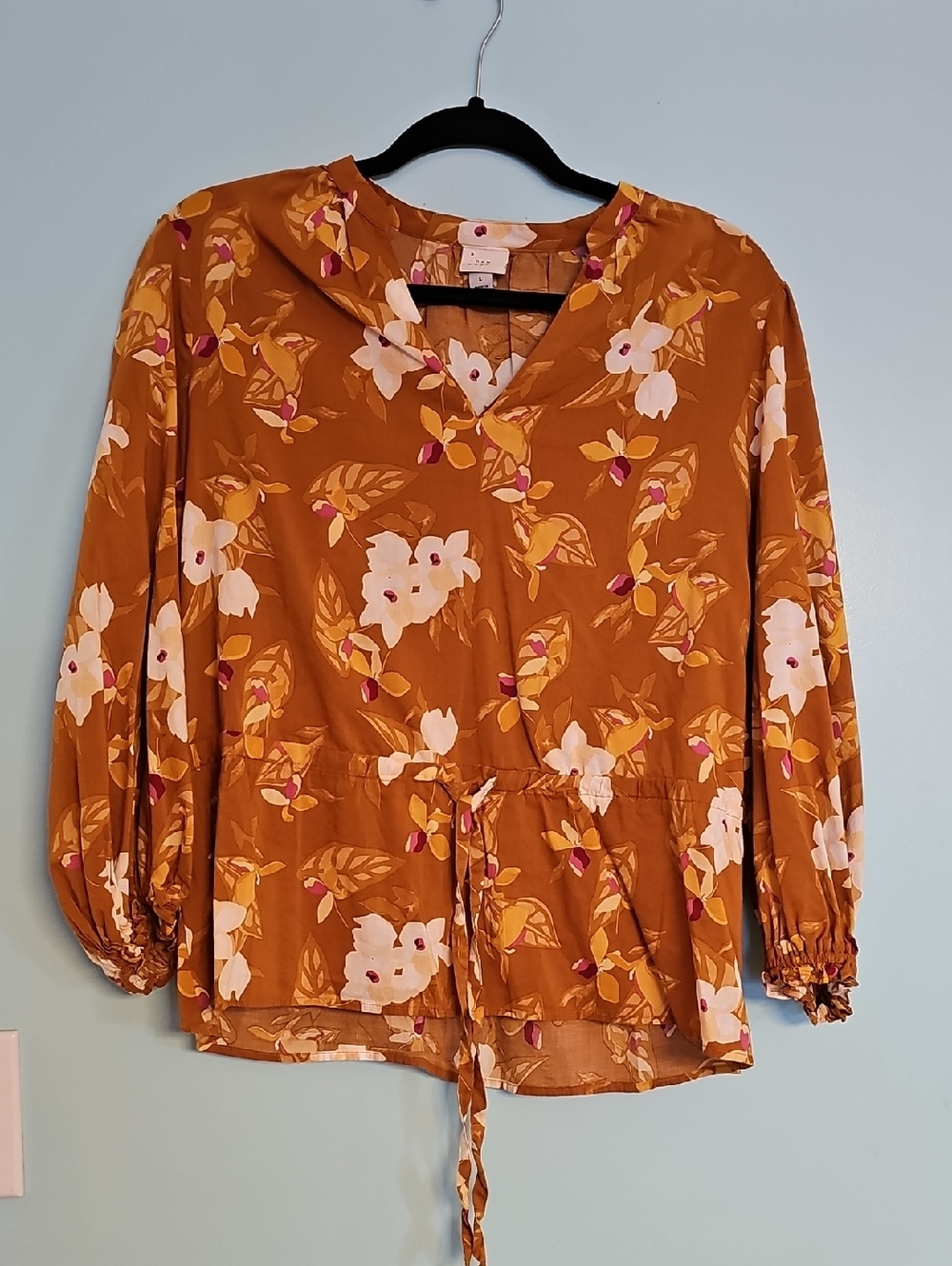 a new day Mustard Floral Tie-Front Blouse